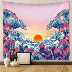 Ukiyo-e Great Wave tapestry in pink and blue tones for modern home wall decor