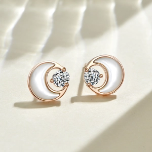Elegant rose gold moon stud earrings with white shell inlay and clear zircon stone