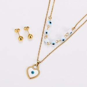 Luxury gold necklace set with white heart pendant and matching stud earrings for women