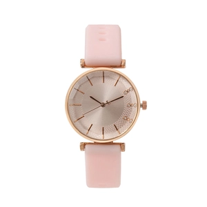 Pink silicone strap watch with rose gold case and rhinestone detail on sunray dial