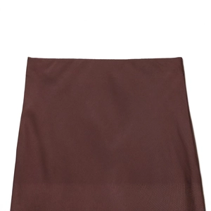 Chic dark brown faux leather asymmetrical skirt with delicate lace trim details