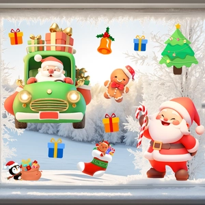 Adesivi natalizi 3D con Babbo Natale su auto verde, albero e pinguino per finestre