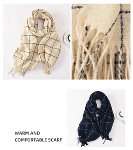 Detailed macro view showing the soft texture and tassel fringe of plaid winter scarves