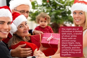 Family sharing a Christmas gift box by the decorated tree with Santa hats and festive joy