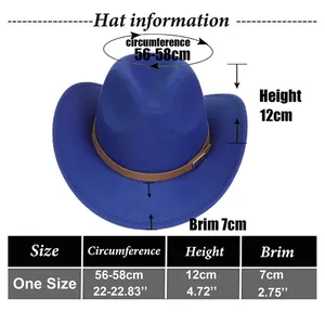 Size chart for western cowboy hat showing 56-58cm head circumference and brim dimensions