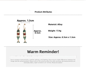 Detailed size specifications of colorful enamel fish drop earrings in vintage style