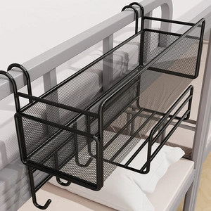 Hanging bedside storage basket in black metal mesh for dorm bunk bed organization