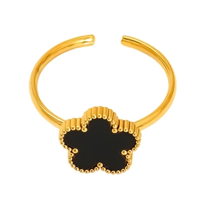 Adjustable golden stainless steel open ring with black four-leaf clover motif