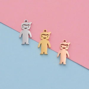 Polished stainless steel boy and girl pendants in silver, gold, and rose gold finishes