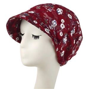 Women's lightweight red floral lace beanie hat with small brim and breathable mesh fabric