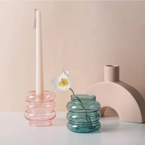 Minimalist stack bubble glass vase and candle holder in pink and teal for home decor