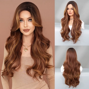 Long wavy brown wig with blonde highlights and middle part shown in three studio views