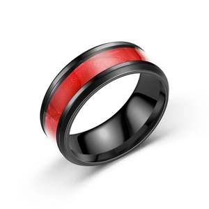 Men's black titanium steel ring featuring a vibrant red shell inlay with opal texture