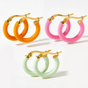 Colorful enamel candy-colored hoop earrings set in orange, pink and mint green finishes