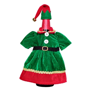 Christmas elf wine bottle cover set with green velvet dress and red hat for table decor