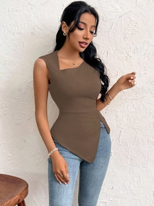 Detail of coffee brown slim fit top with asymmetrical neckline and irregular cut hem
