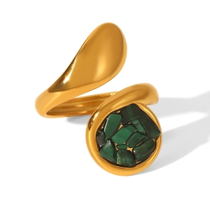 Detail of gold teardrop open ring with inlaid green natural crushed stone malachite