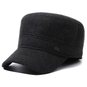 Winter men's grey herringbone flat top cap with thick fleece lining and ear protection