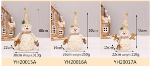 Three sizes of plush white and gold snowman dolls with pointed hats and detailed dimensions
