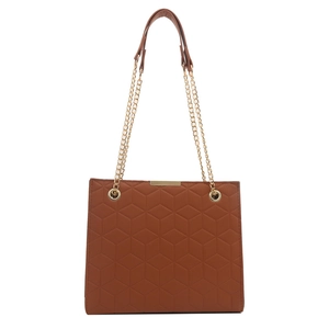 Brown quilted tote bag with geometric pattern and golden chain strap for women