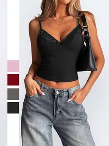 Women Cami Tank Top Lace Trim V Neck Ribbed Knit Bowknot Y2K Sexy Sleeveless Summer Slim Fit