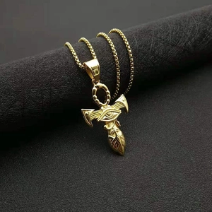 Golden stainless steel Ankh cross necklace with Eye of Horus and wings on a box chain