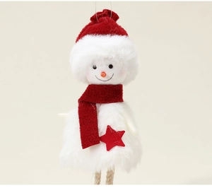 Detail of plush snowman ornament with red pointed hat and star decoration for Christmas trees