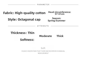 Detailed size chart for cotton newsboy cap showing head circumference 57-61cm and material specs