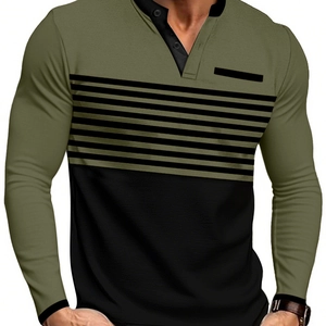 Men Long Sleeve Henley Shirt Color Block Striped Knit Breathable Casual Slim Fit Tops