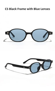 Detailed view of black oval sunglasses with blue lenses and inner frame dimensions