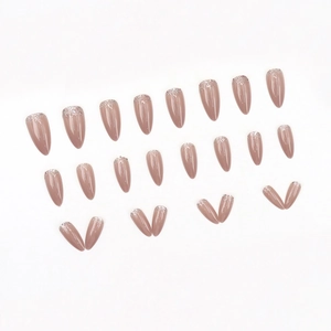 Almond-shaped nude pink press-on nails with silver glitter gradient and glossy finish