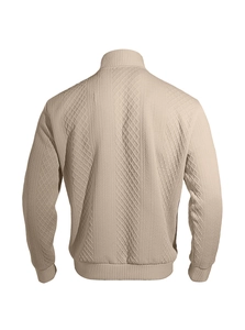 Detailed back view of beige men's stand collar jacket showing fine diamond knit texture