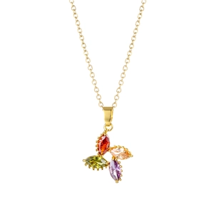 Gold stainless steel necklace with a colorful zircon four-leaf flower pendant on white