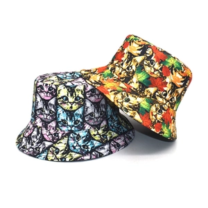 Bucket Hat Reversible Polyester Sun Protection Outdoor Casual Cartoon Cat Maple Leaf Print Wide Brim Novelty For Women Men