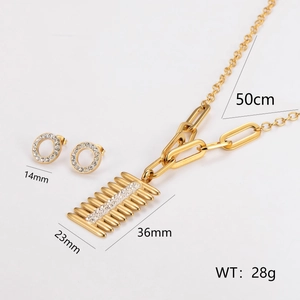 Gold stainless steel jewelry set with crystal comb pendant and round stud earrings
