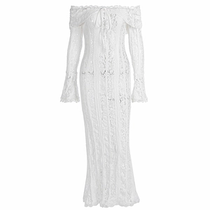 White lace off-shoulder maxi dress with flared sleeves and slim fit elegant silhouette