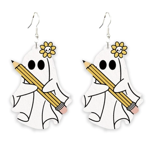 Halloween ghost earrings with yellow pencil design for teachers, festive wooden jewelry