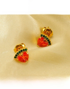 Gros plan de boucles d'oreilles pastèque en acier doré poli avec pierres de couleur