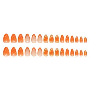 Almond-shaped press-on nails in orange and nude with gold 3D stripes and French design