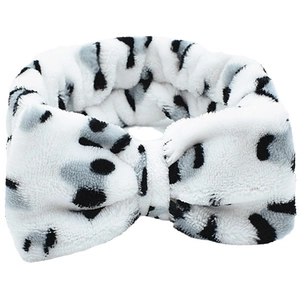White leopard print coral fleece headband with bow decoration for makeup and washing
