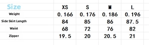 Detailed size chart showing weight, length and waist measurements for sunflower organza skirt