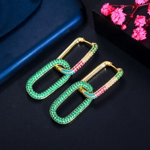 Detailed close-up of 18K gold plated chain earrings with vibrant multicolor zircon pavé