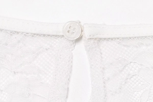 Close-up detail of white lace fabric texture and translucent button closure on top