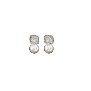Elegant silver square zircon stud earrings with round white pearl pendants on white background