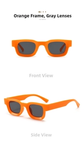Front and side view of orange rectangular thick frame sunglasses with dark grey lenses