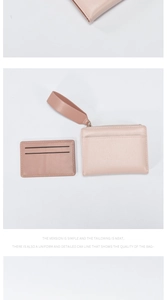 Pink cross-grain leather mini wallet set with zipper pouch and card holder details