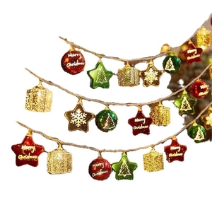 Festive Christmas LED string lights with red baubles, green stars and gold gift boxes