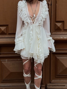 Bohemian cream ruffle mini dress with V-neck, chiffon fabric and long bell sleeves
