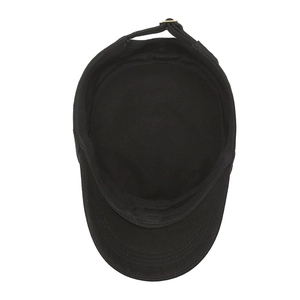 Classic black cotton military cadet hat with adjustable metal buckle and flat top design