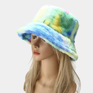 Colorful tie-dye faux fur bucket hat with thick plush texture for winter warmth
